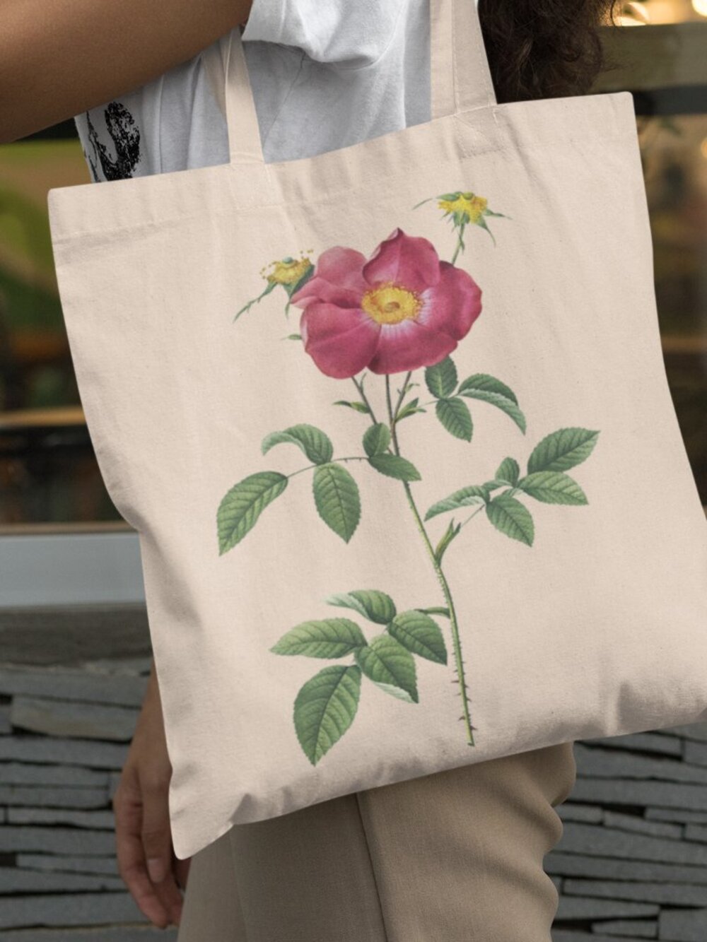 French Rose Vintage Floral Print Graphic Canvas Tote Bag